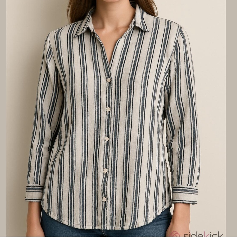 Sigrid Olsen linen blend button up long sleeve shirt roll tabs blue white small